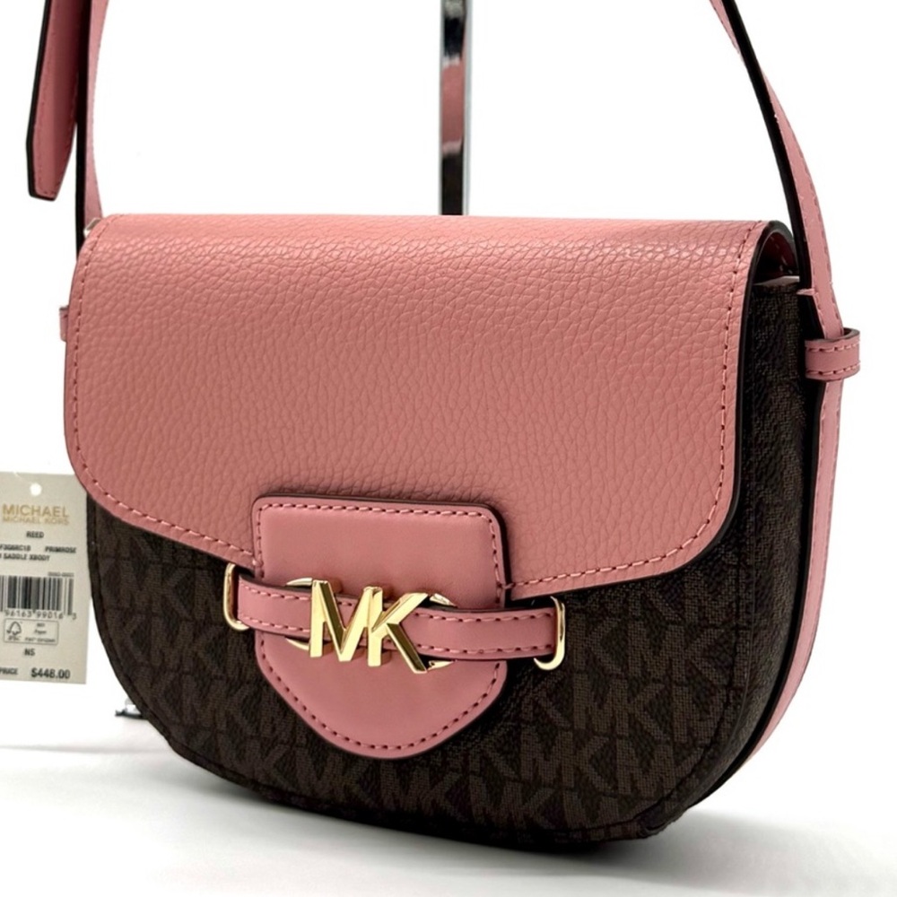 Michael Kors Small Reed Leather Saddle Crossbody Bag Brown/Light Pink - Picture 2 of 9
